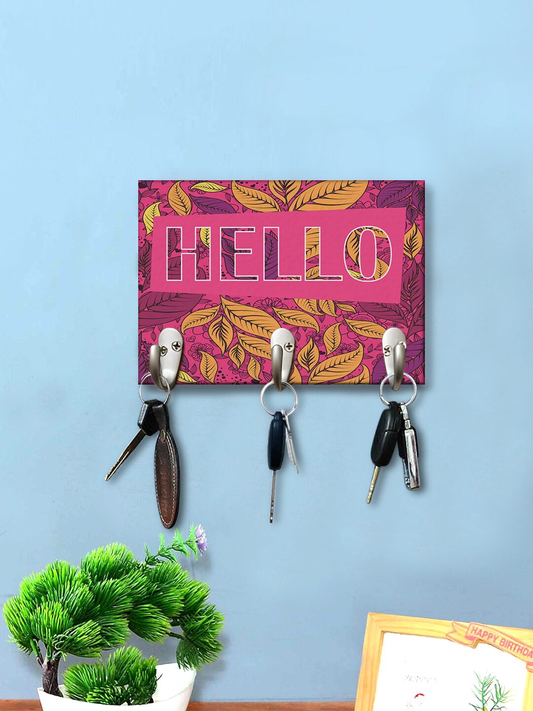 

999Store Pink & Yellow Printed Wooden Wall Hanging Key Holder