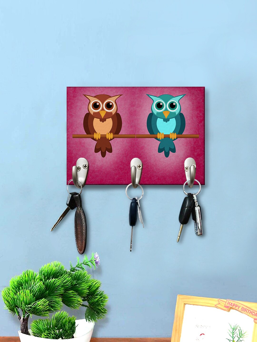 

999Store Red & Brown Beautiful Owl Love Couple Printed Wall Hanging Key Holder
