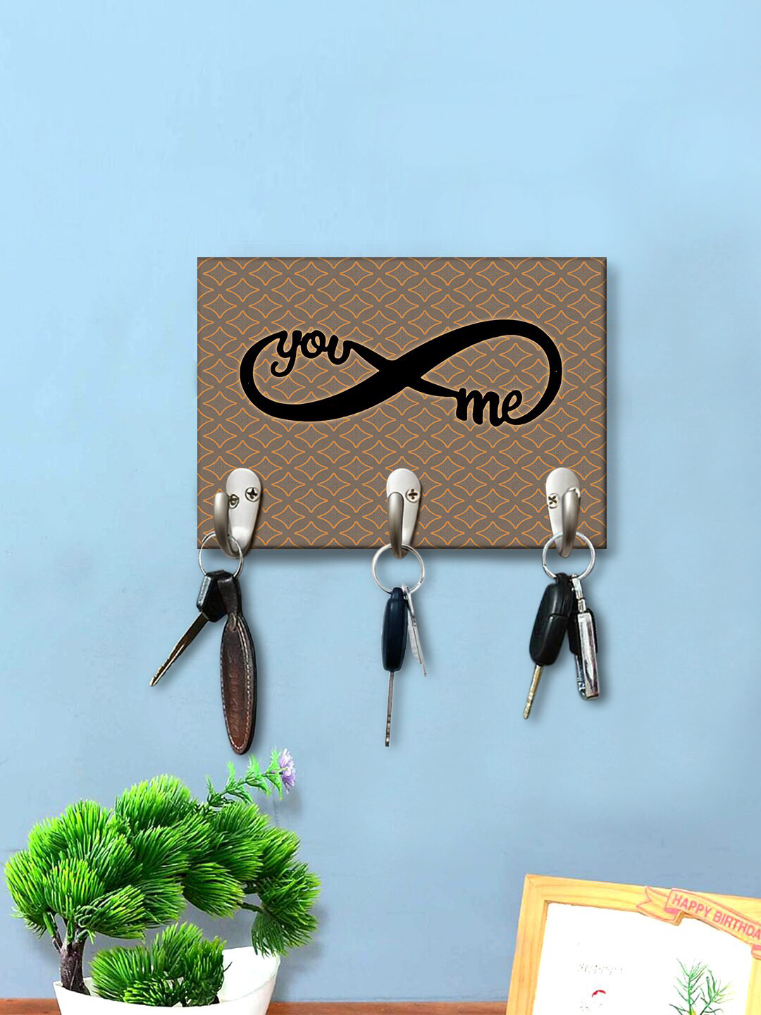 

999Store Brown & Black You & Me Printed Wooden Key Holder