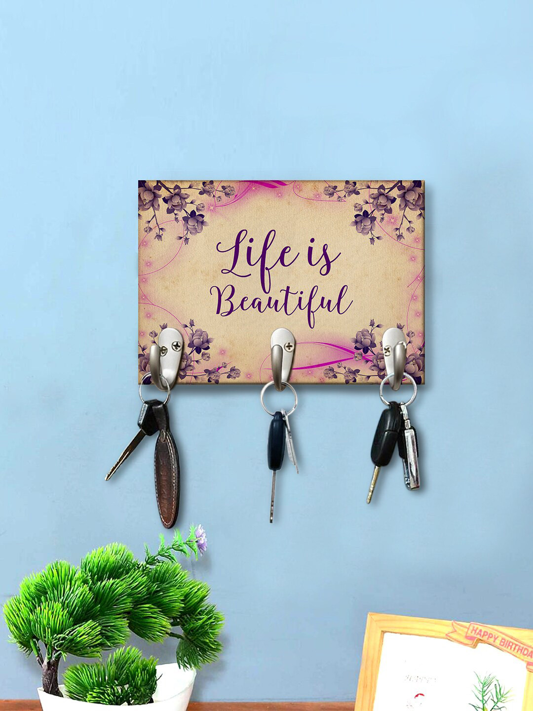 

999Store Brown & Purple Life Is Beautiful Printed Wall Hanging Key Holder