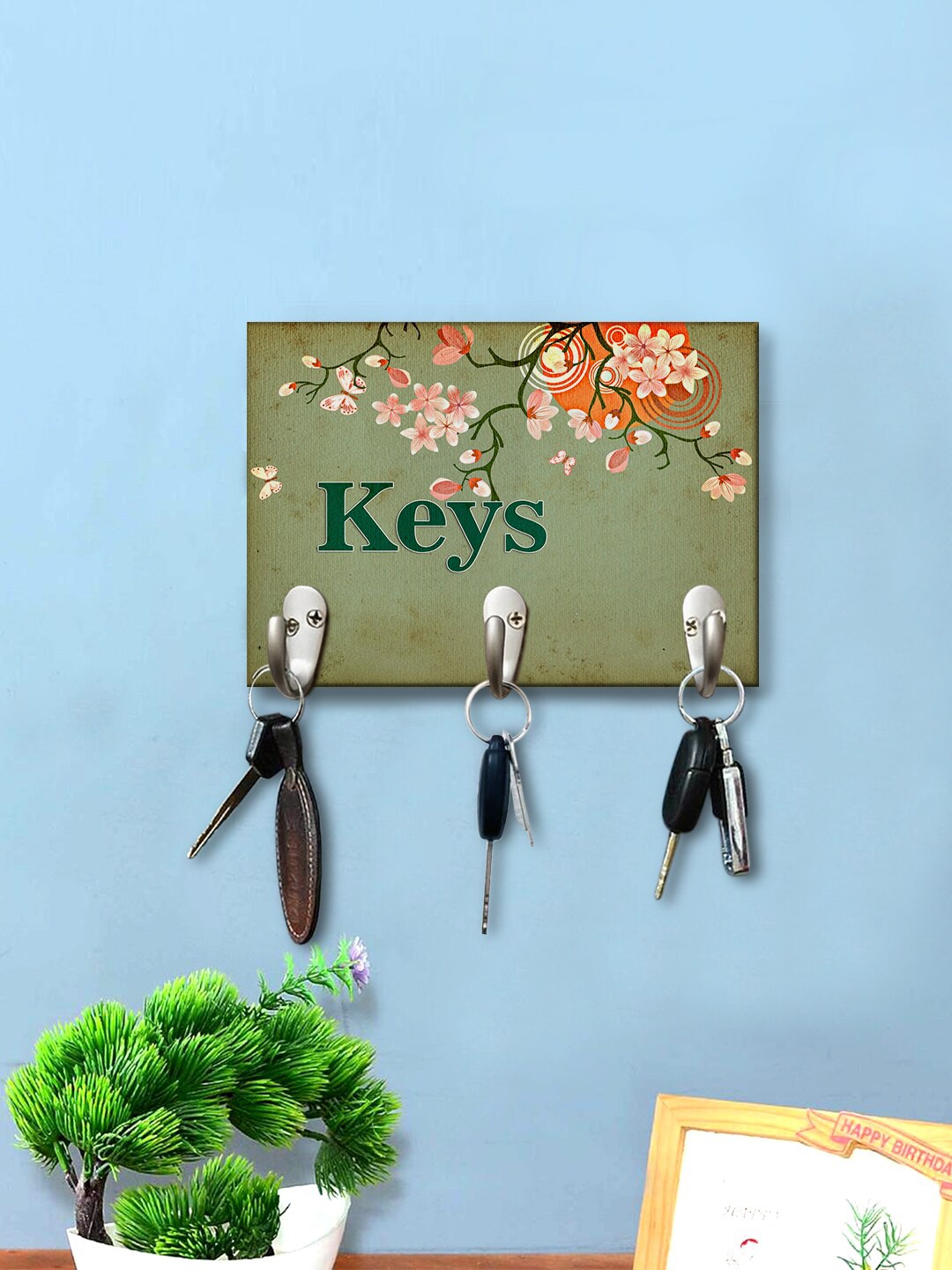 

999Store Green Beautiful Flowers Printed Wall Hanging Key Holder