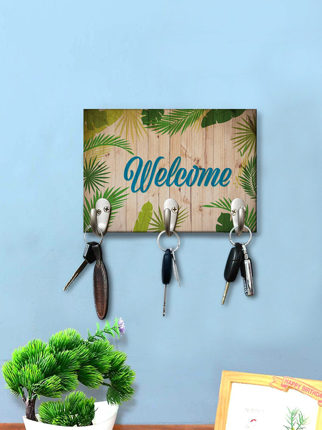 

999Store Brown & Green Leaves Welcome Printed Wall Hanging Key Holder