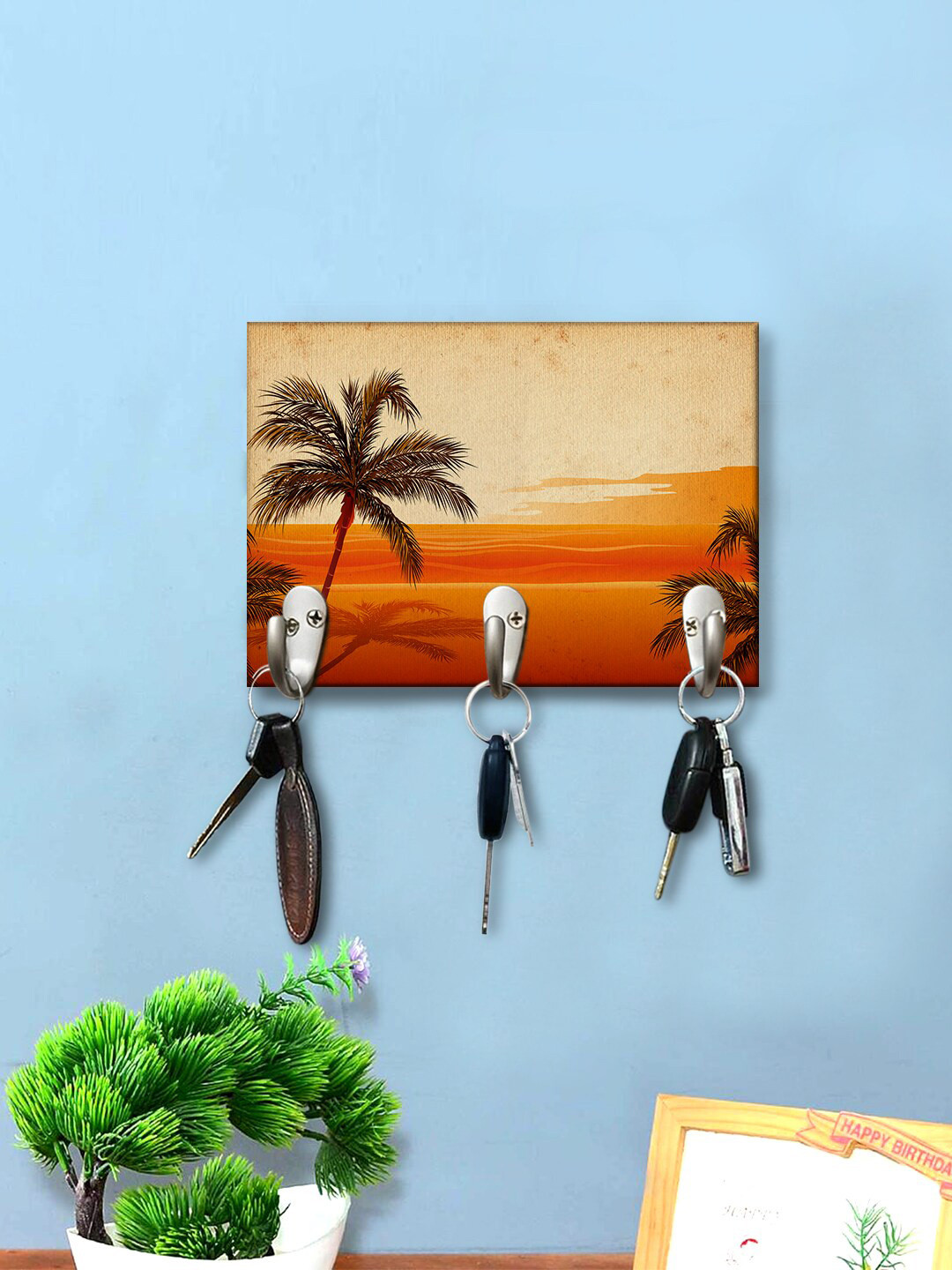 

999Store Brown & Orange-Colored Desert And Tree View Printed Wooden Wall Hanging Key Holder