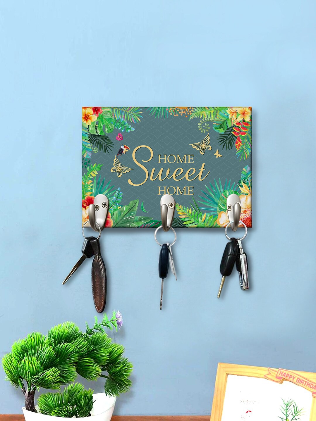 

999Store Green & Yellow Flowers Butterfly Home Sweet Home Printed Wooden Key Holder