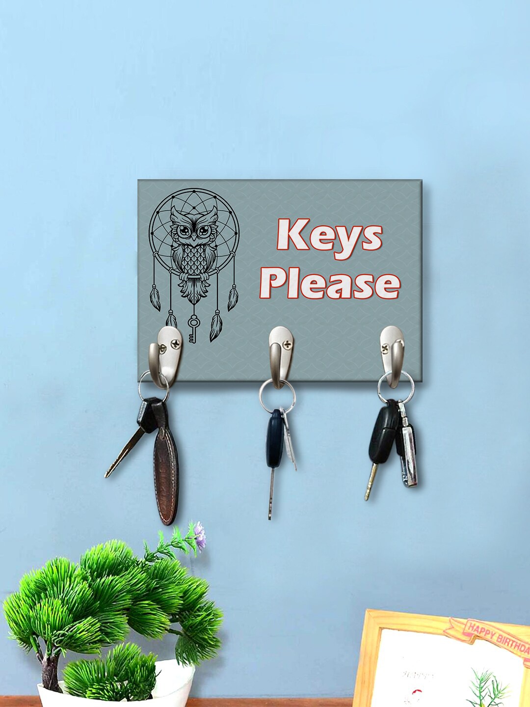 

999Store Grey & White Printed Wooden Wall Hanging Key Holder