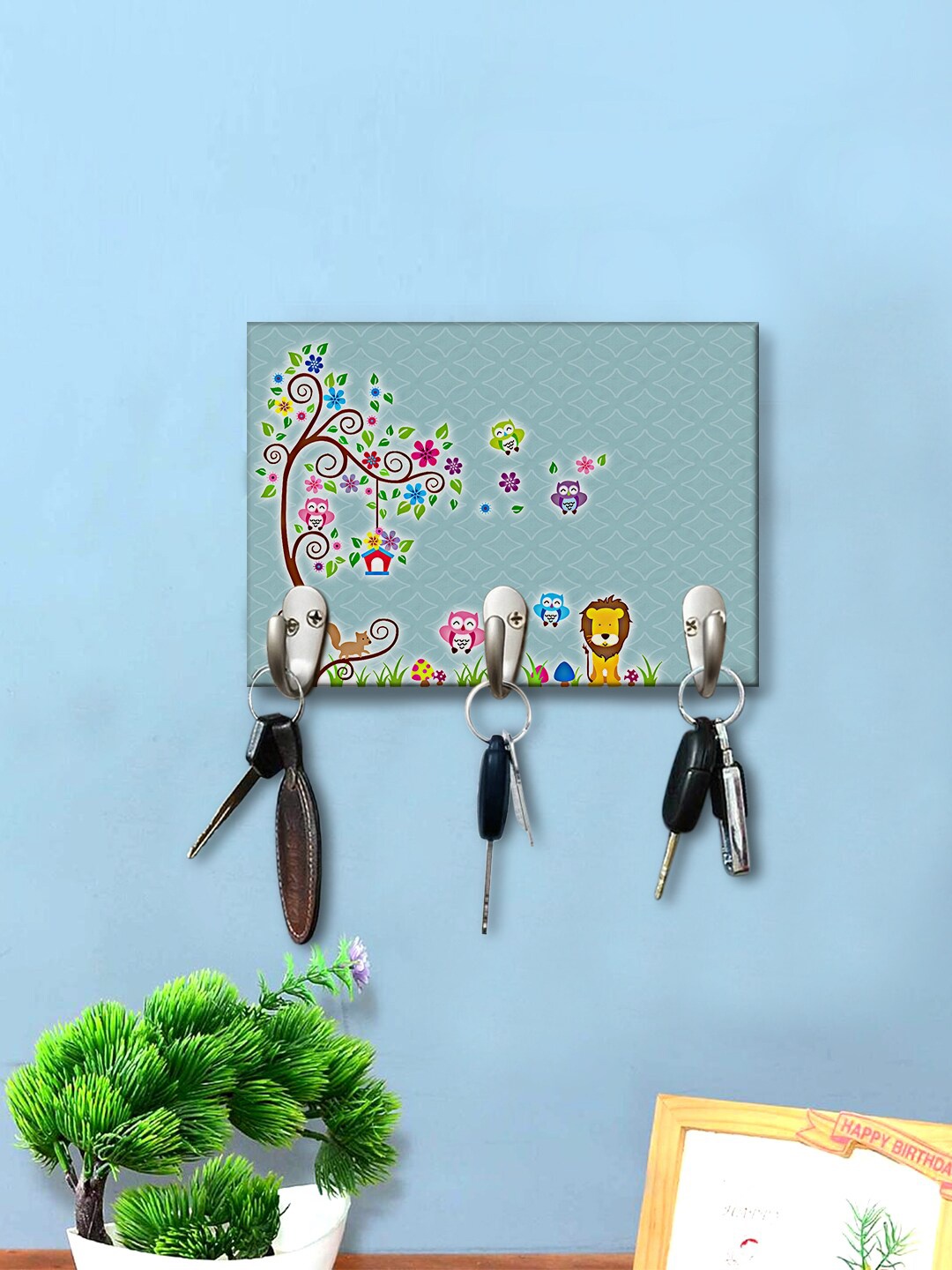 

999Store Teal Blue & Purple Forest With Animal Printed Wall Hanging Key Holder