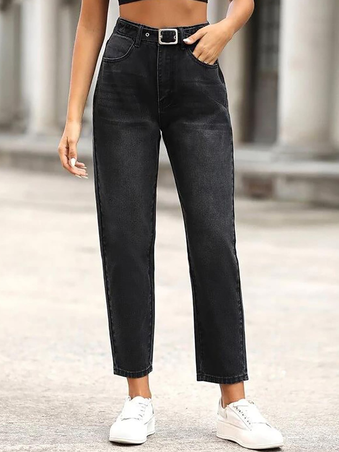 

Kotty Women Jean Regular Fit High-Rise Light Fade Cotton Lycra Blend Jeans, Black