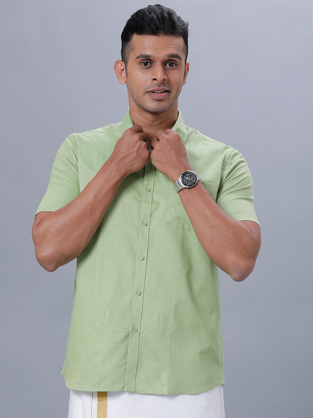 

Ramraj Spread Collar Pure Cotton Formal Shirt, Green