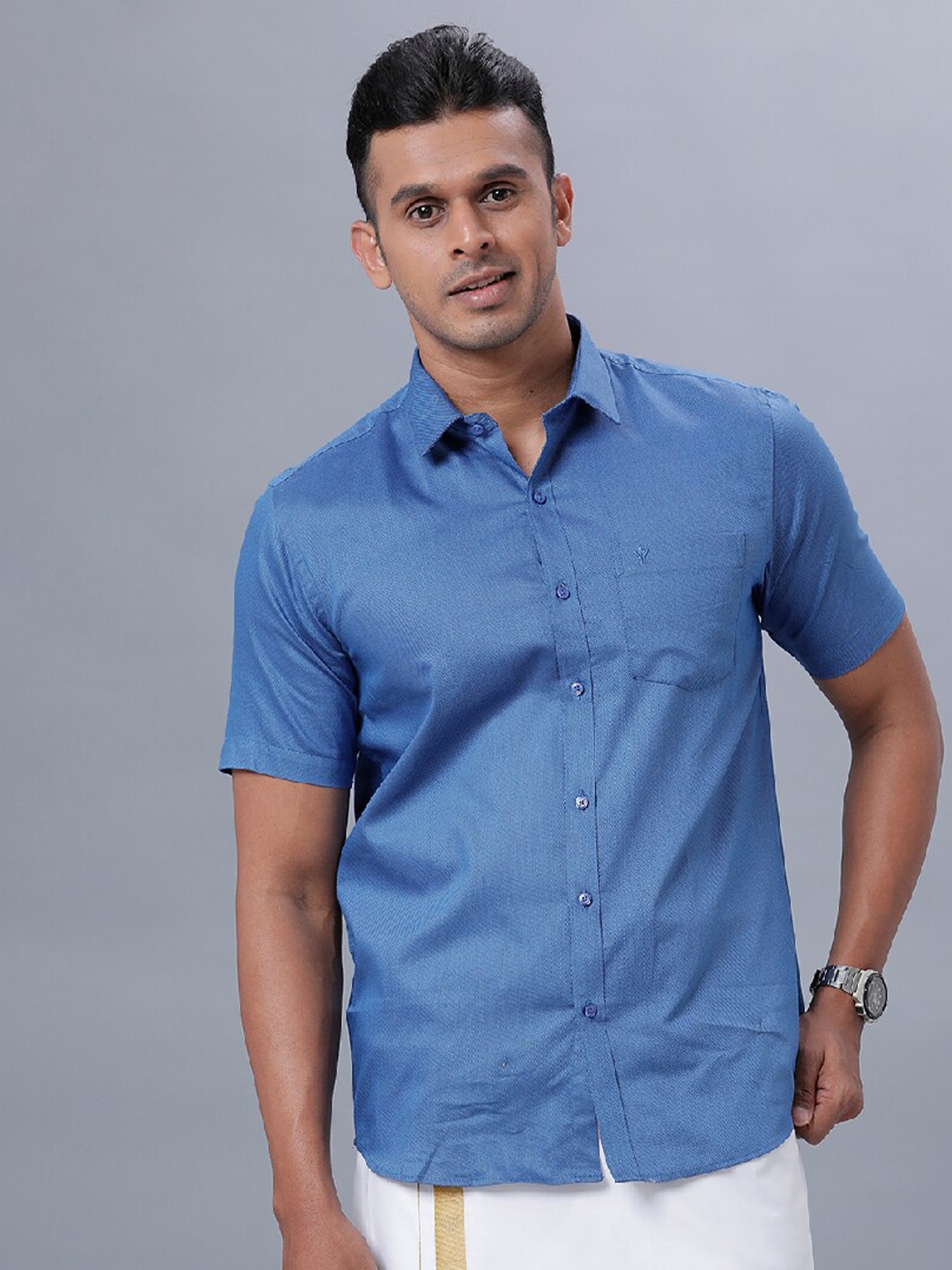 

Ramraj Spread Collar Pure Cotton Formal Shirt, Blue