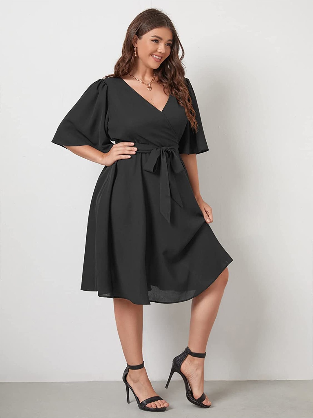 

Samsara Couture Plus Size Flared Sleeve Scuba Fit & Flare Dress, Black