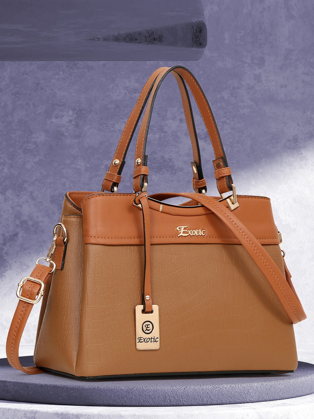

Exotic Structured Handheld Bag, Tan