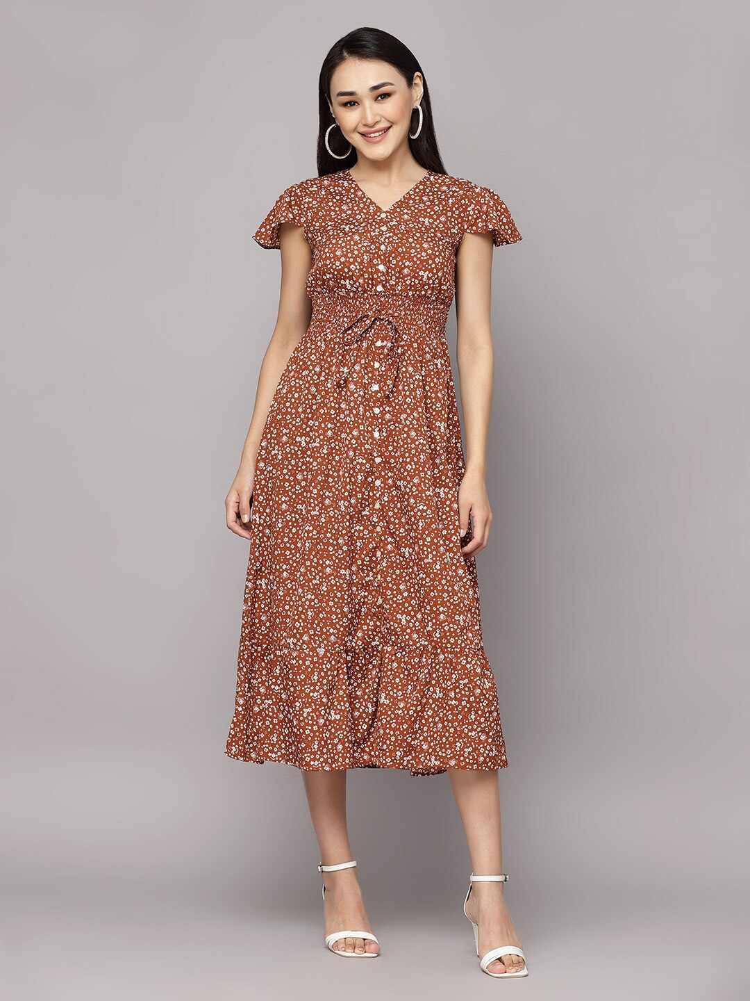 

aayu Floral Print Crepe A-Line Midi Dress, Brown