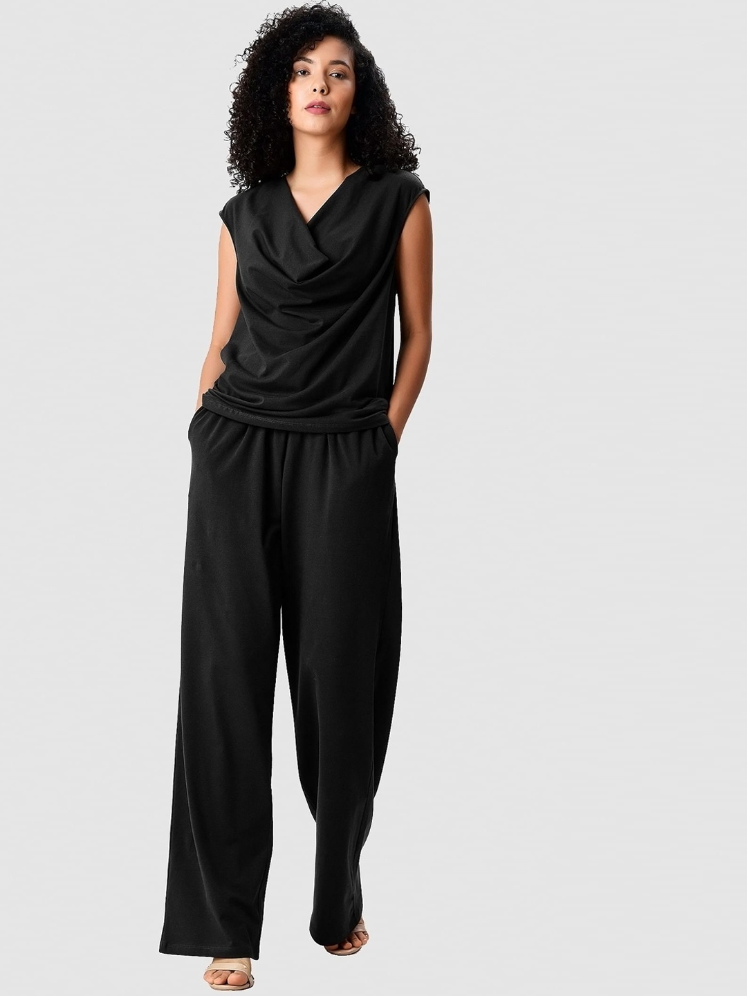 

Zapelle Drape Front Top With Wide-Leg Trousers Co-Ords, Black