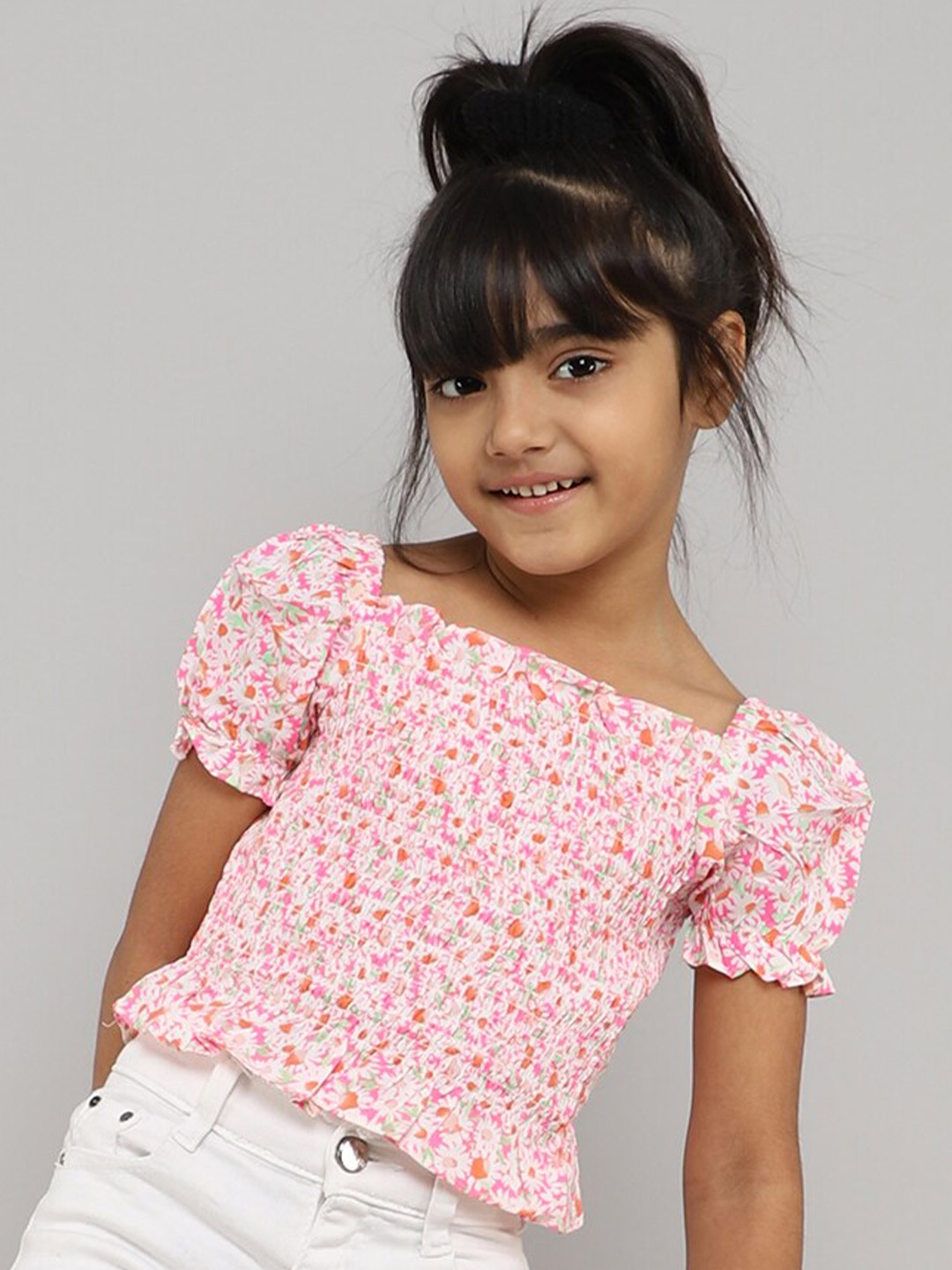 

taffykids Girls Floral Printed Puff Sleeve Smoked Cotton Crop Top, White