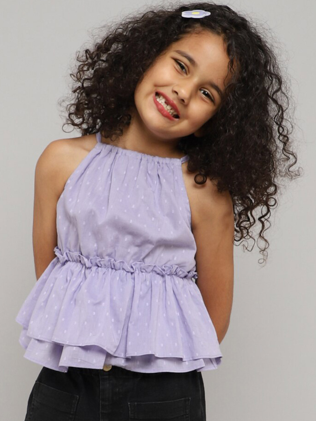 

taffykids Girls Printed Shoulder Straps Peplum Top, Purple