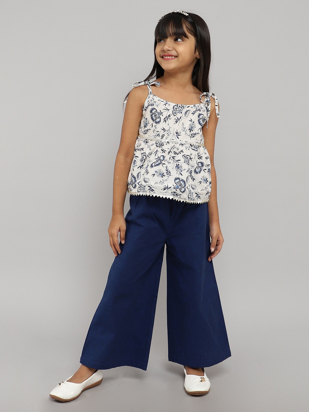 

taffykids Girls Floral Printed Shoulder Tie-Up Cotton Peplum Top, White