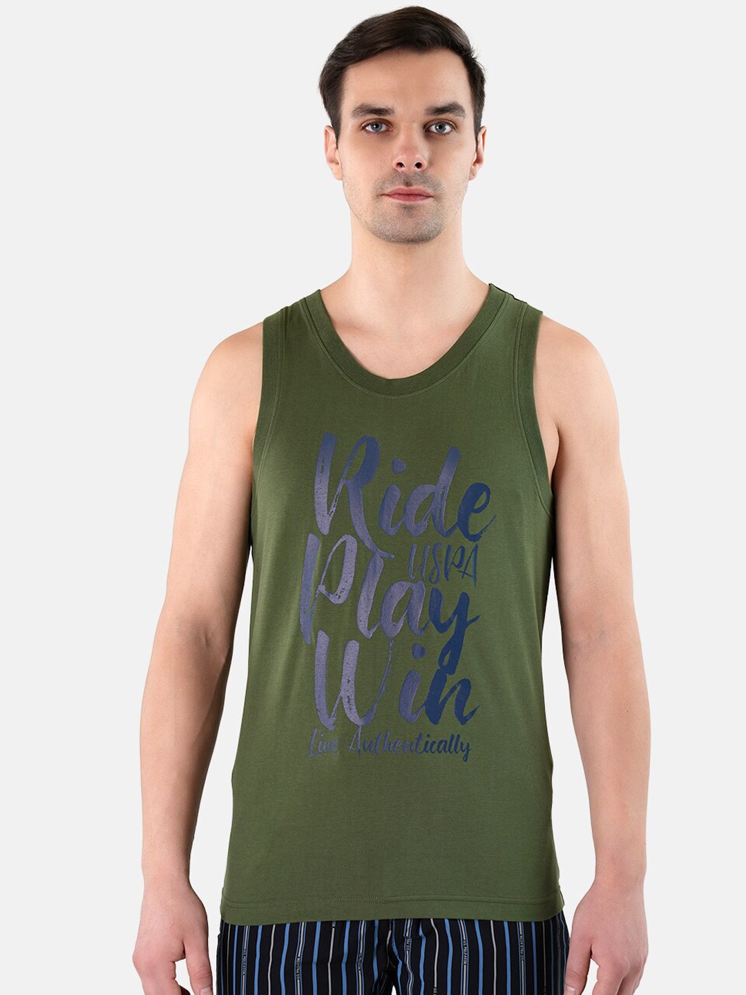

U.S. Polo Assn. Printed Pure Cotton Innerwear Basic Vests, Olive