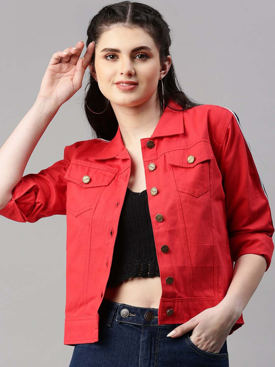 

VOXATI Spread Collar Crop Denim Jacket, Red