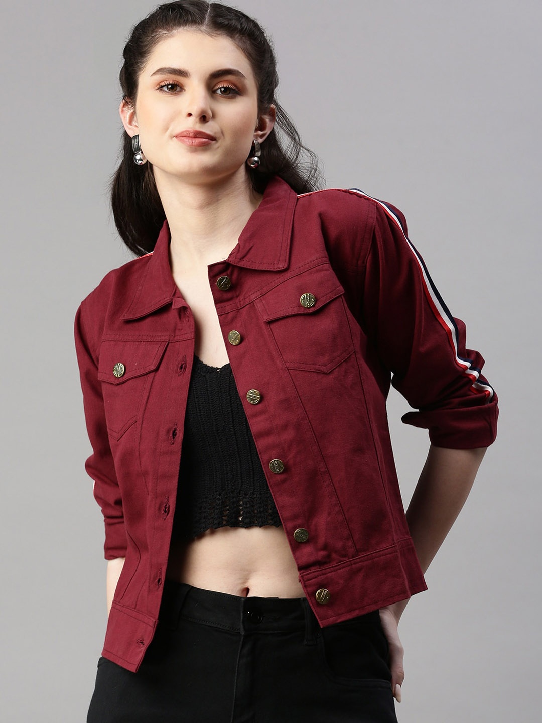 

VOXATI Crop Denim Jacket, Maroon