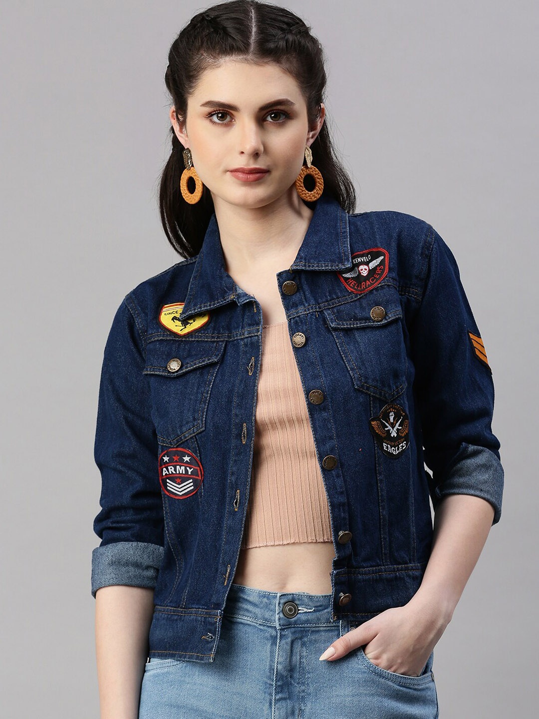 

VOXATI Crop Denim Jacket with Patchwork, Blue