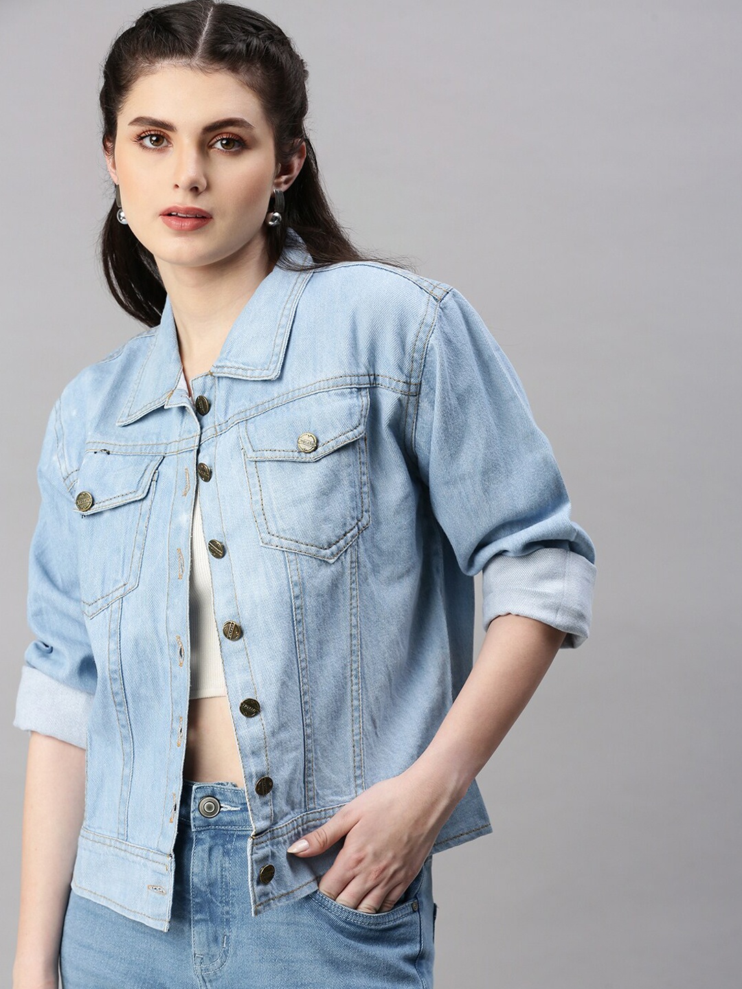 

VOXATI Spread Collar Washed Denim Jacket, Blue