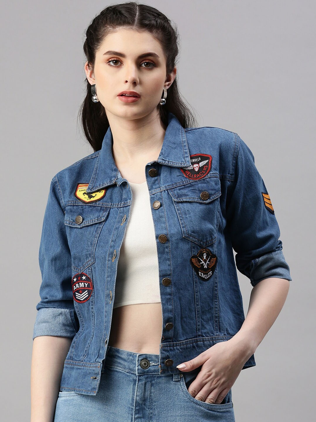 

VOXATI Denim Jacket with Patchwork, Blue