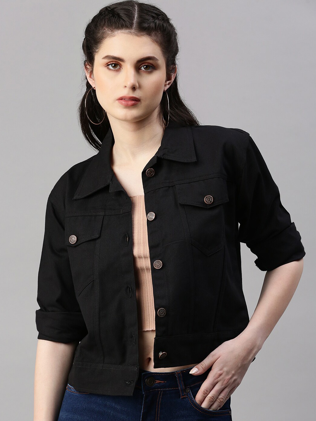 

VOXATI Spread Collar Crop Denim Jacket, Black