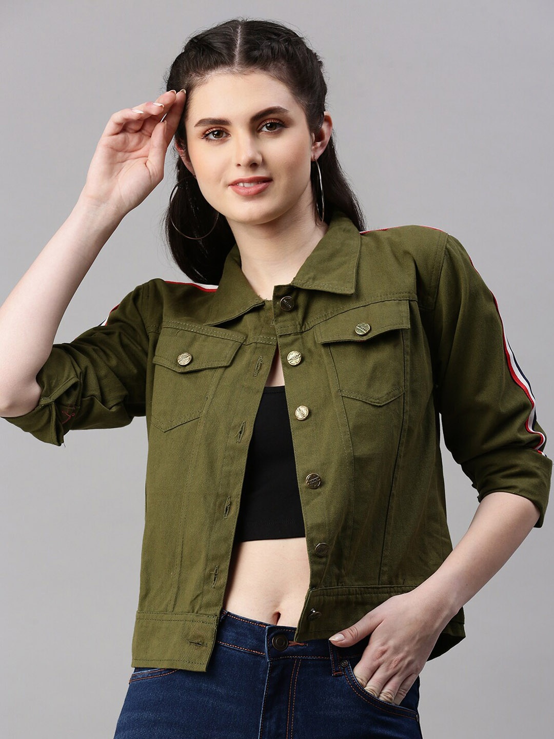 

VOXATI Spread Collar Crop Denim Jacket, Olive