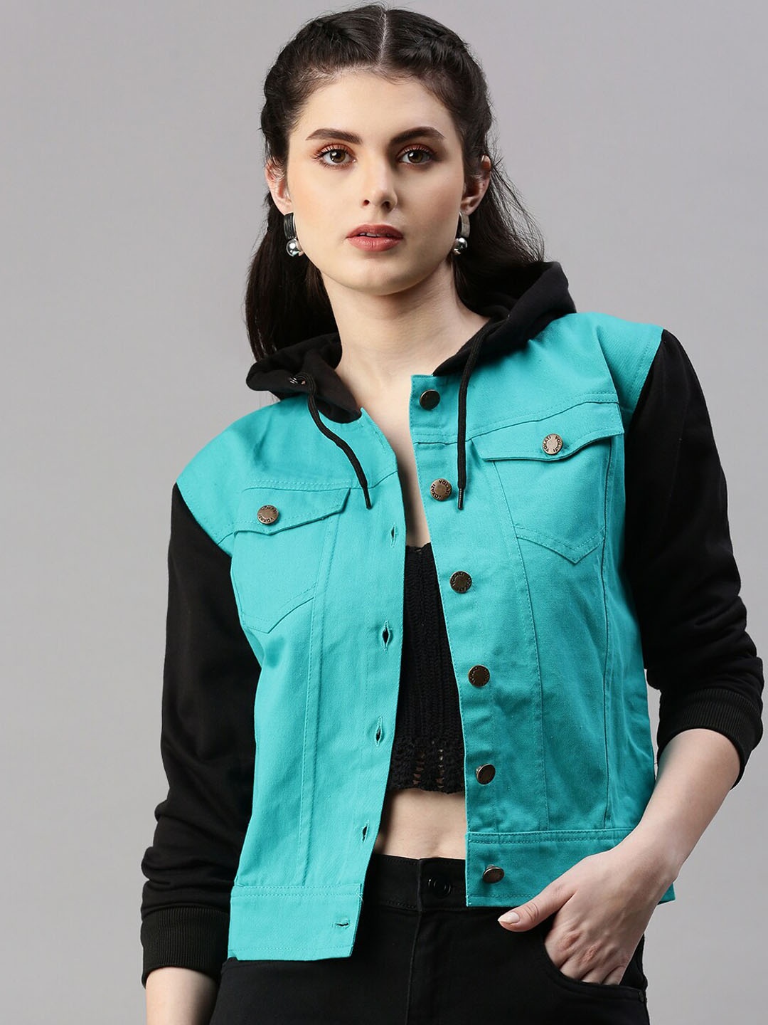 

VOXATI Colourblocked Hooded Crop Denim Jacket, Turquoise blue