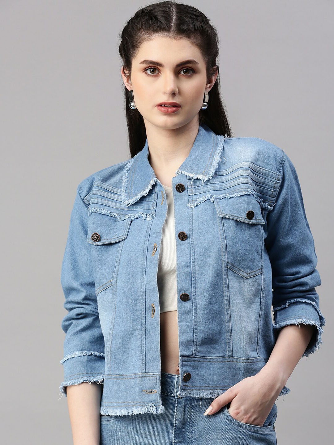 

VOXATI Washed Crop Denim Jacket, Blue