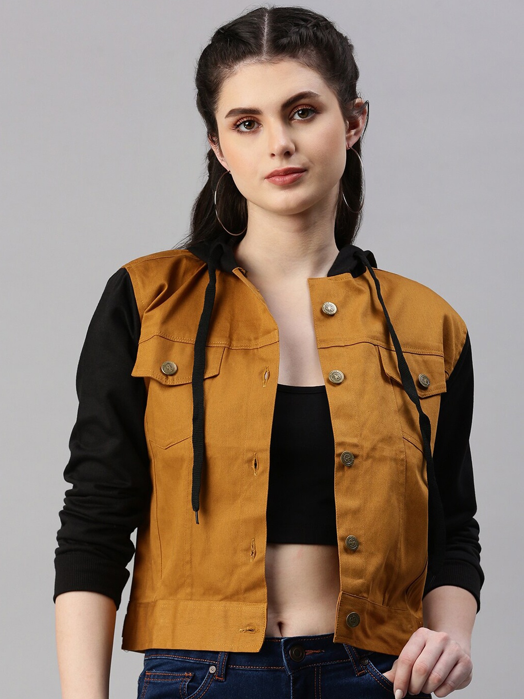 

VOXATI Colourblocked Hooded Crop Denim Jacket, Mustard