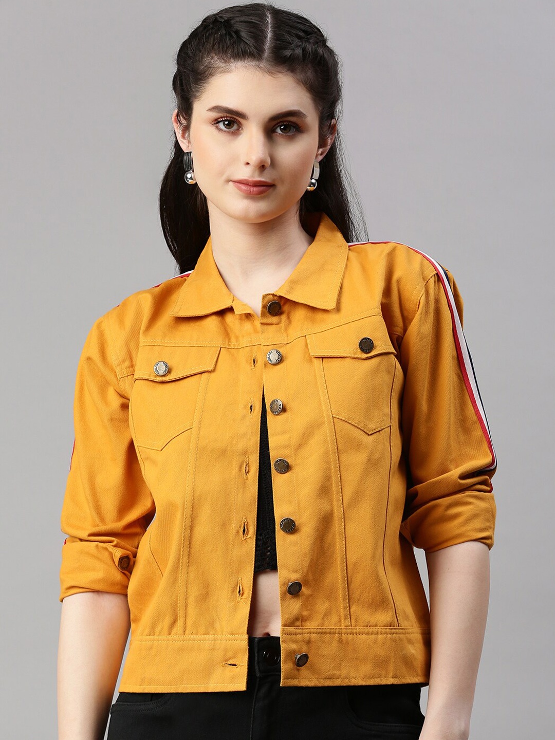 

VOXATI Spread Collar Crop Denim Jacket, Yellow