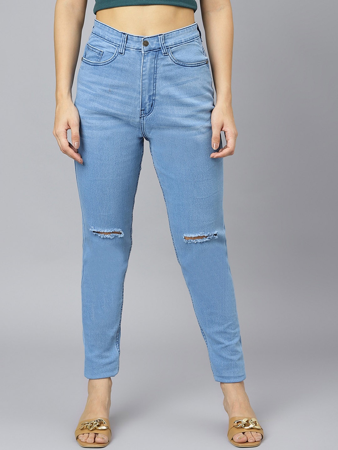 

GUTI Women Slim Fit High-Rise Slash Knee Light Fade Stretchable Cotton Jeans, Blue