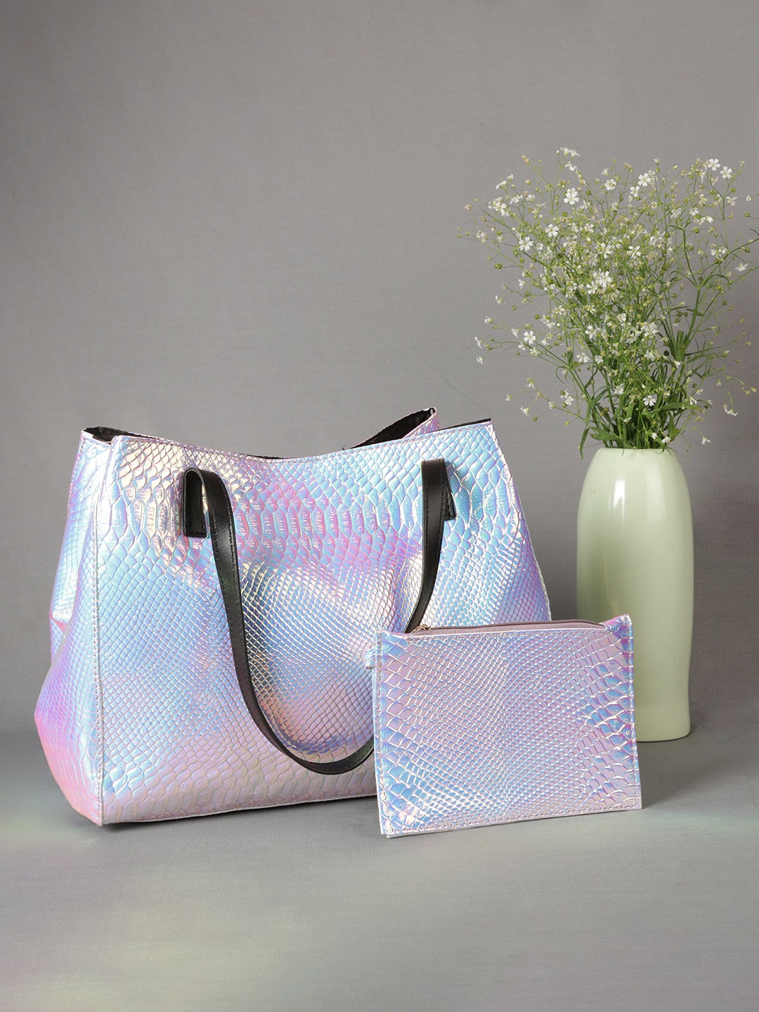 

MINI WESST Textured Structured Tote Bag With Pouch, Silver