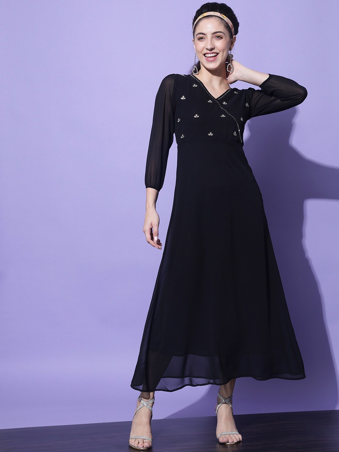 

Slenor Embellished Georgette Fit & Flare Maxi Dress, Black