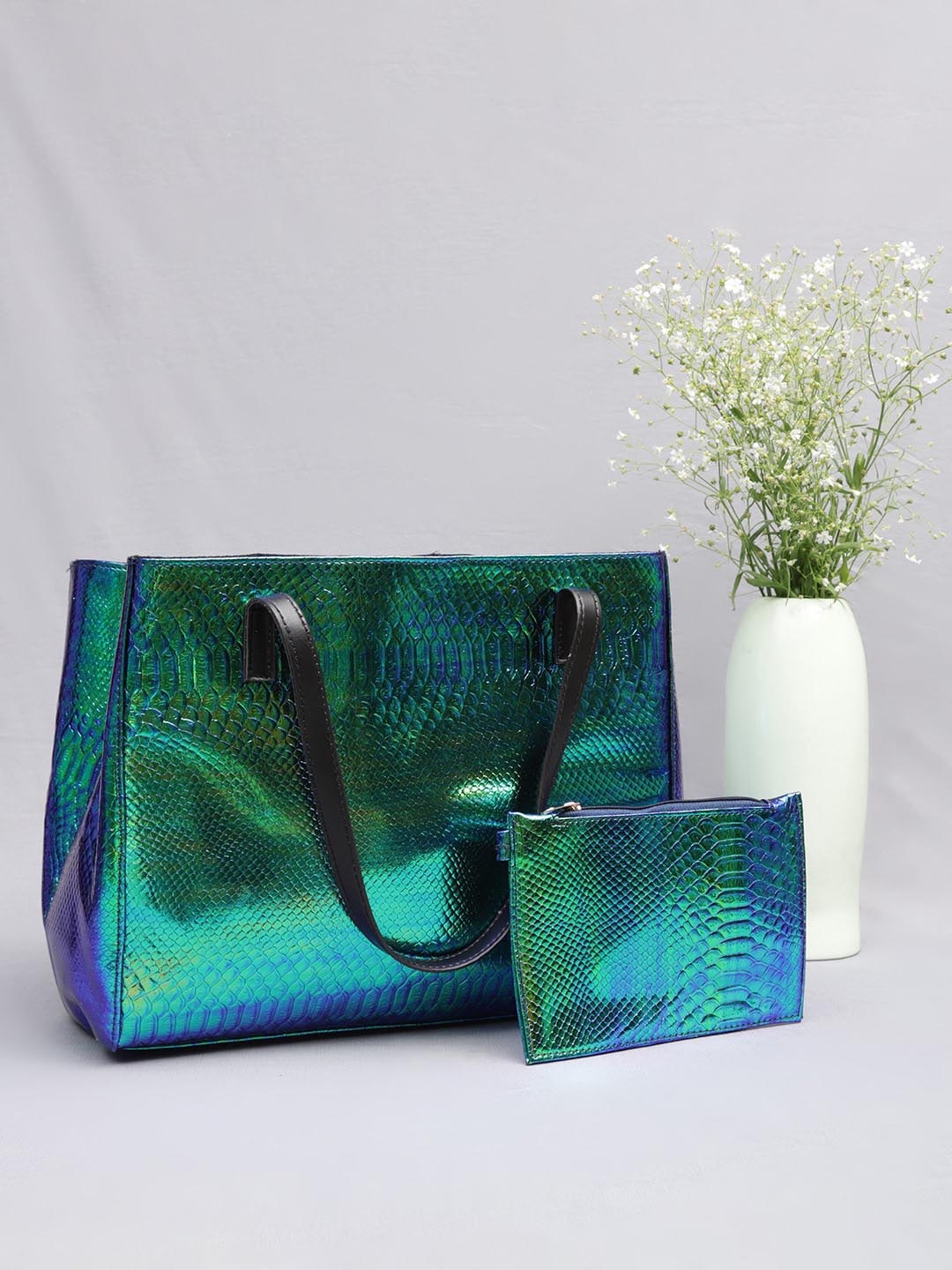 

MINI WESST Animal Textured Tote Bag With Pouch, Green