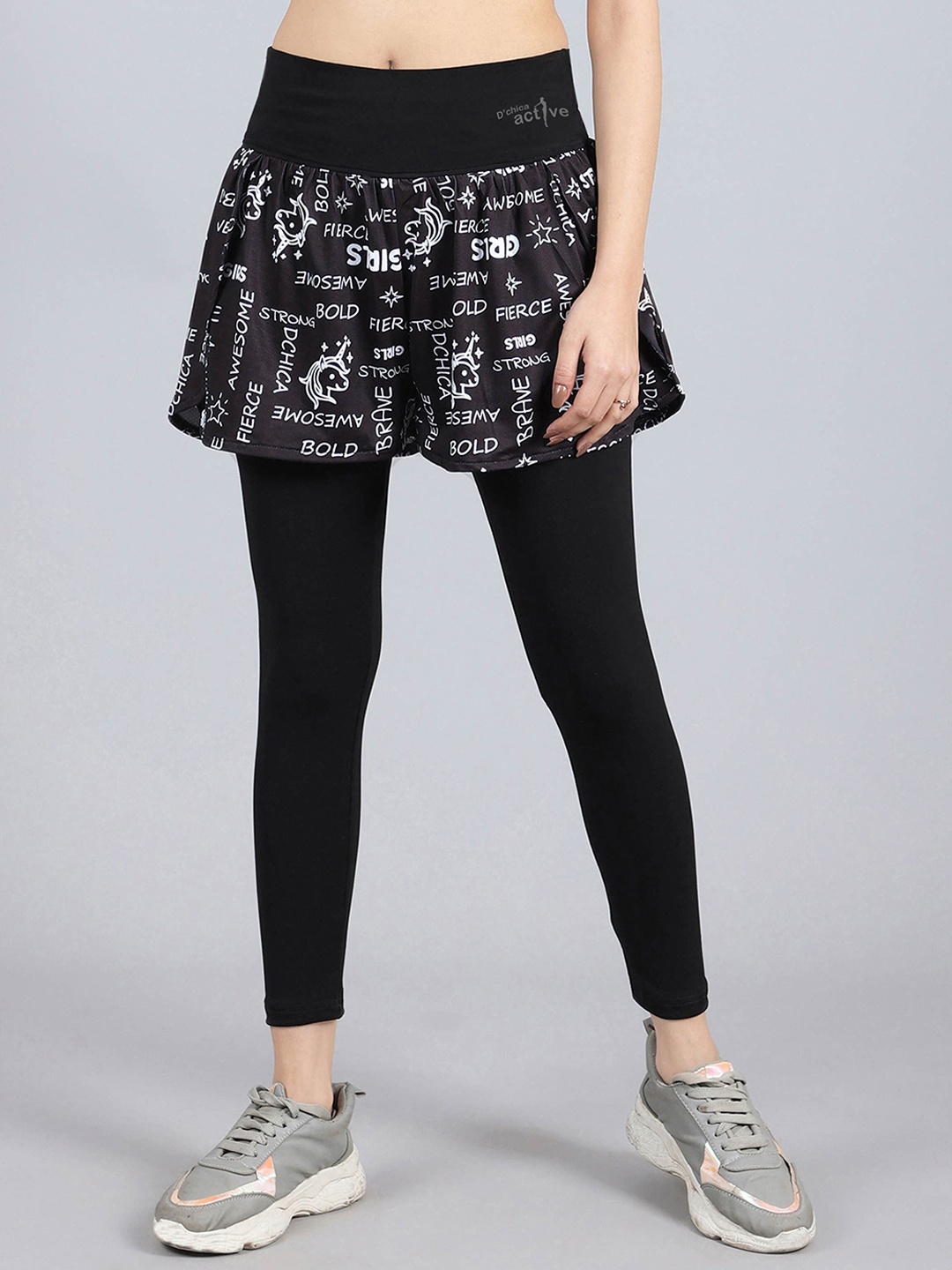 DChica Girls Ankle Length Gym Leggings With Attached Shorts, Black