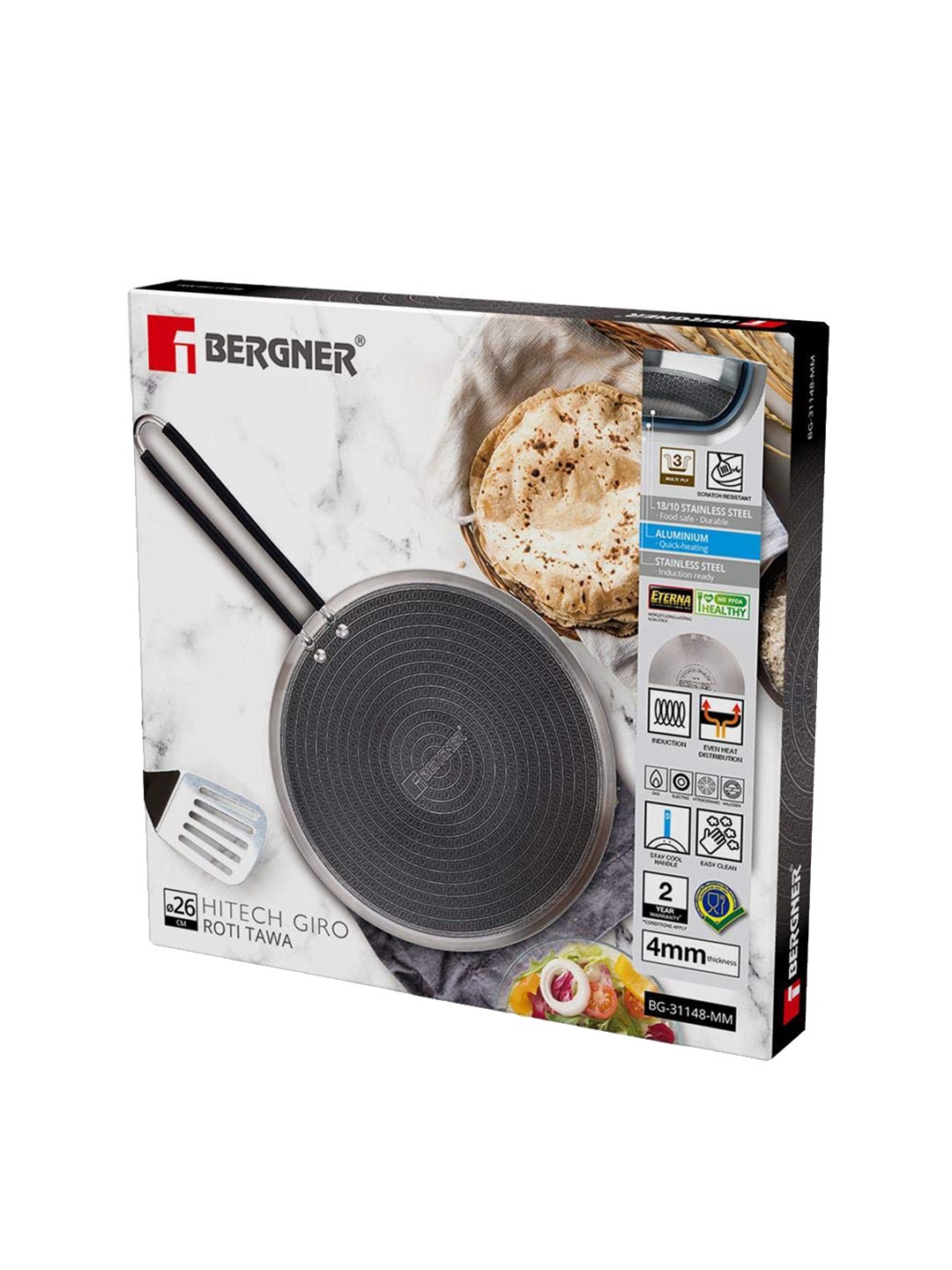 

BERGNER Hitech TriPly Non-Stick Induction Bottom and Gas Stove Ready Roti Tawa, Steel