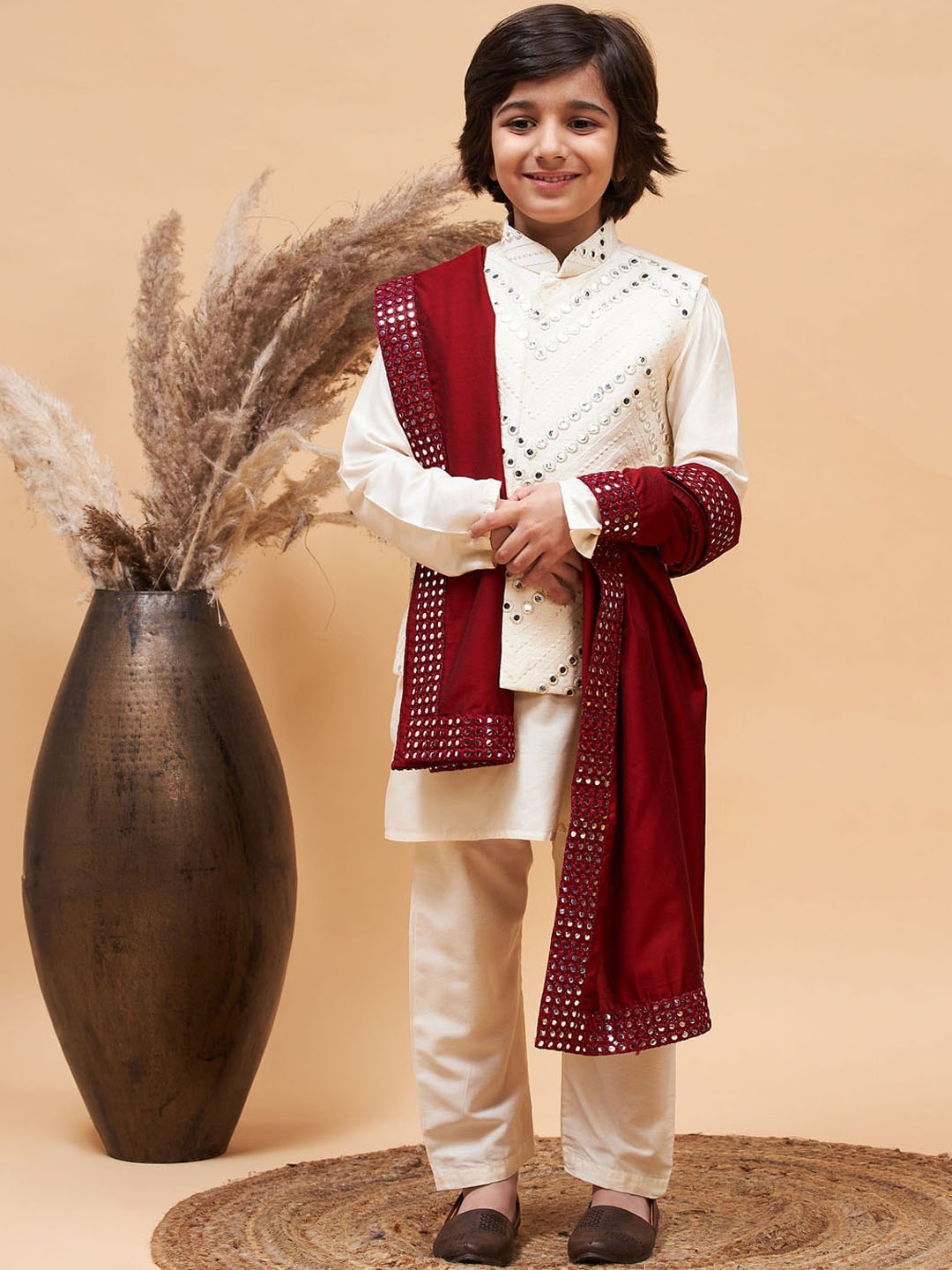 

VASTRAMAY Boys Mandarin Collar Mirror Work Kurta With Pyjamas, Dupatta & Nehru jacket, Cream