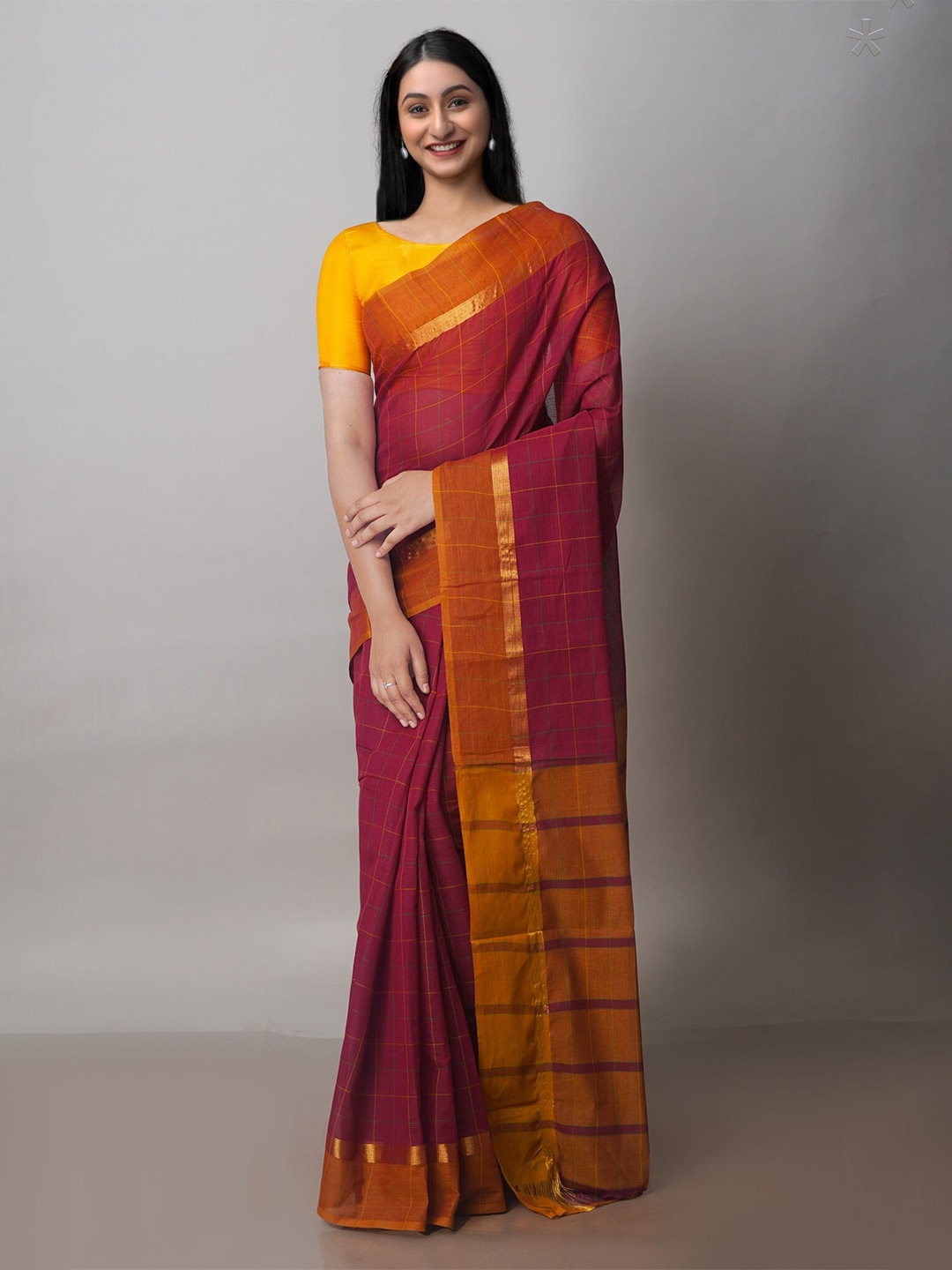 

Unnati Silks Checked Zari Pure Cotton Handloom Mangalagiri Saree, Maroon