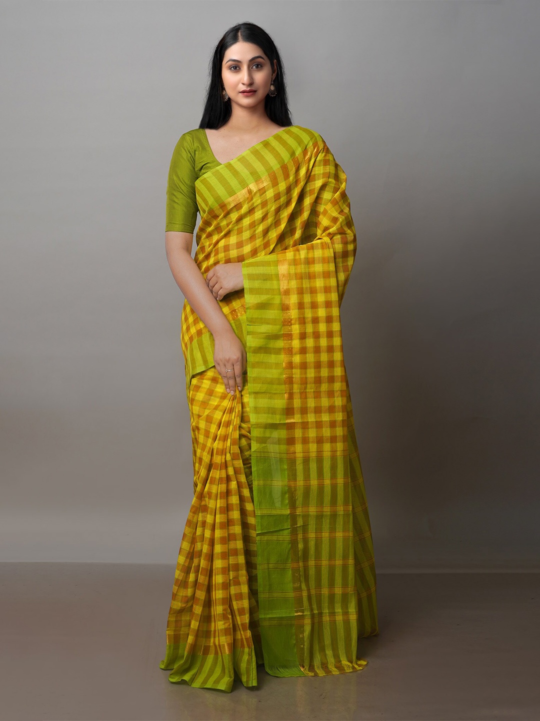 

Unnati Silks Checked Zari Pure Cotton Mangalagiri Saree, Yellow