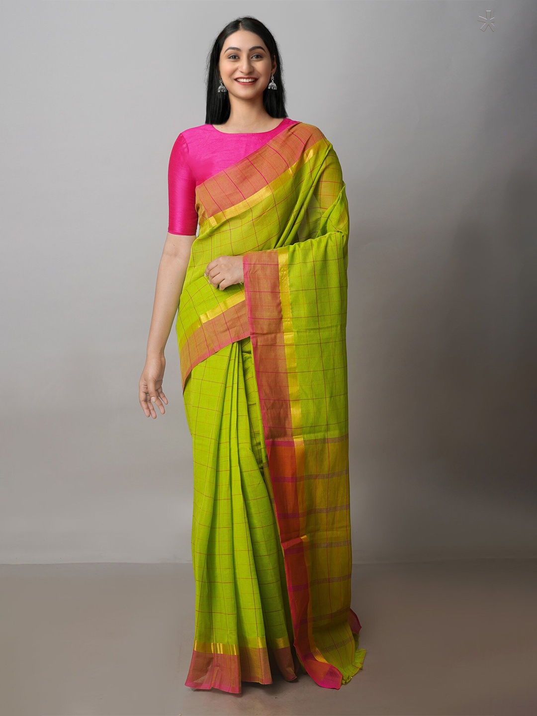 

Unnati Silks Checked Pure Cotton Handloom Mangalagiri Zari Saree, Green