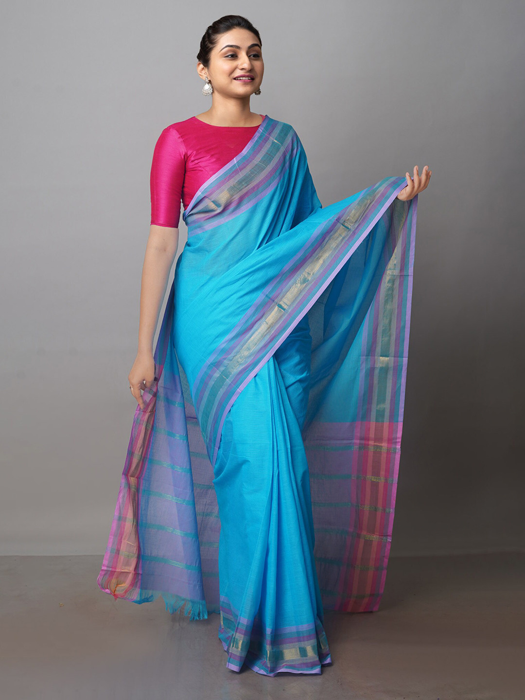 

Unnati Silks Pure Cotton Handloom Mangalagiri Zari Saree, Blue