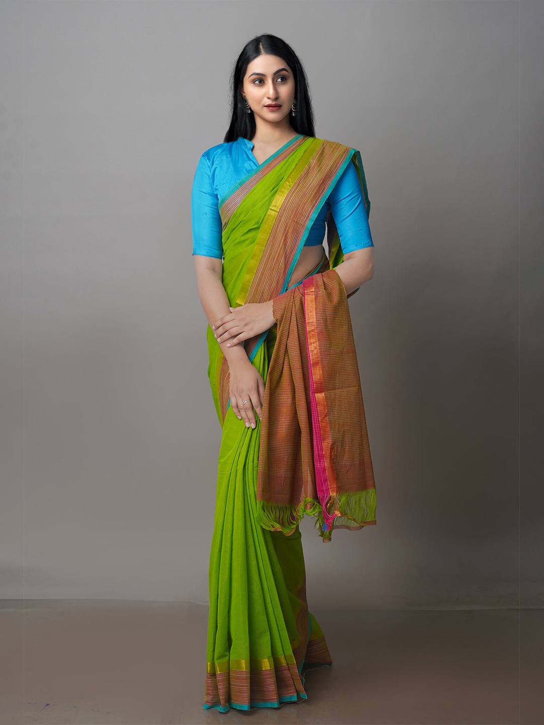 

Unnati Silks Pure Cotton Handloom Mangalagiri Zari Saree, Green