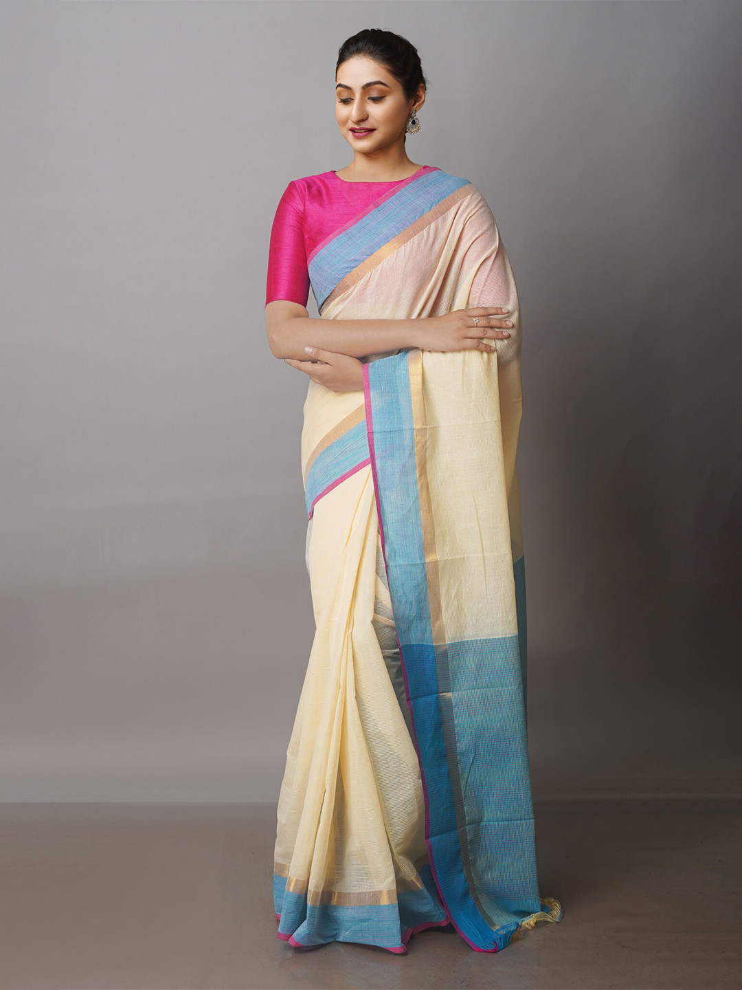 

Unnati Silks Pure Cotton Handloom Mangalagiri Zari Saree, Cream