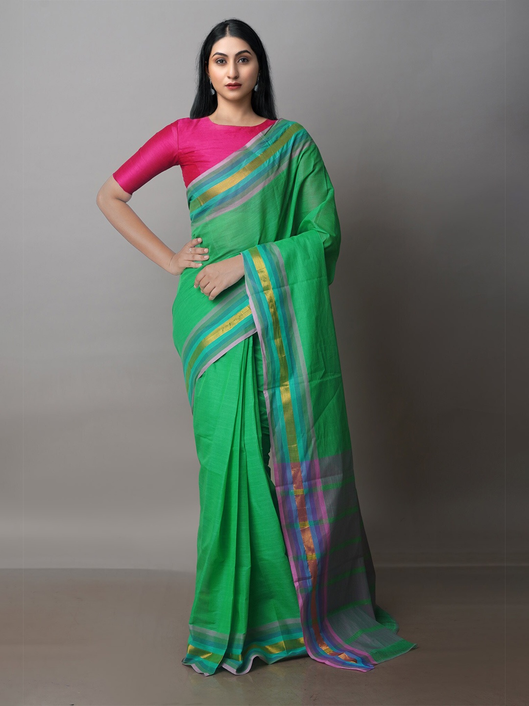 

Unnati Silks Pure Cotton Handloom Mangalagiri Zari Saree, Green