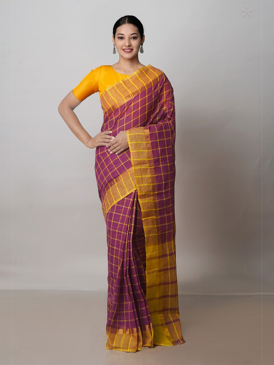 

Unnati Silks Checked Pure Cotton Handloom Mangalagiri Zari Saree, Purple