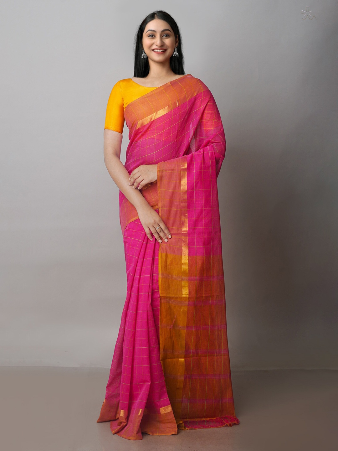 

Unnati Silks Checked Pure Cotton Handloom Mangalagiri Zari Saree, Pink