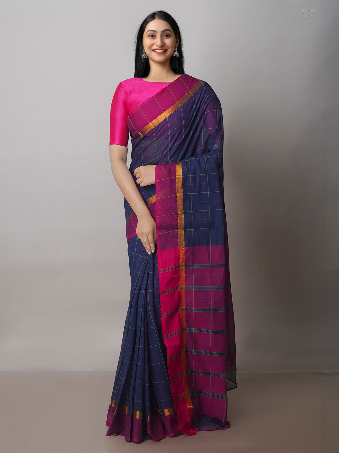 

Unnati Silks Checked Pure Cotton Handloom Mangalagiri Zari Saree, Navy blue
