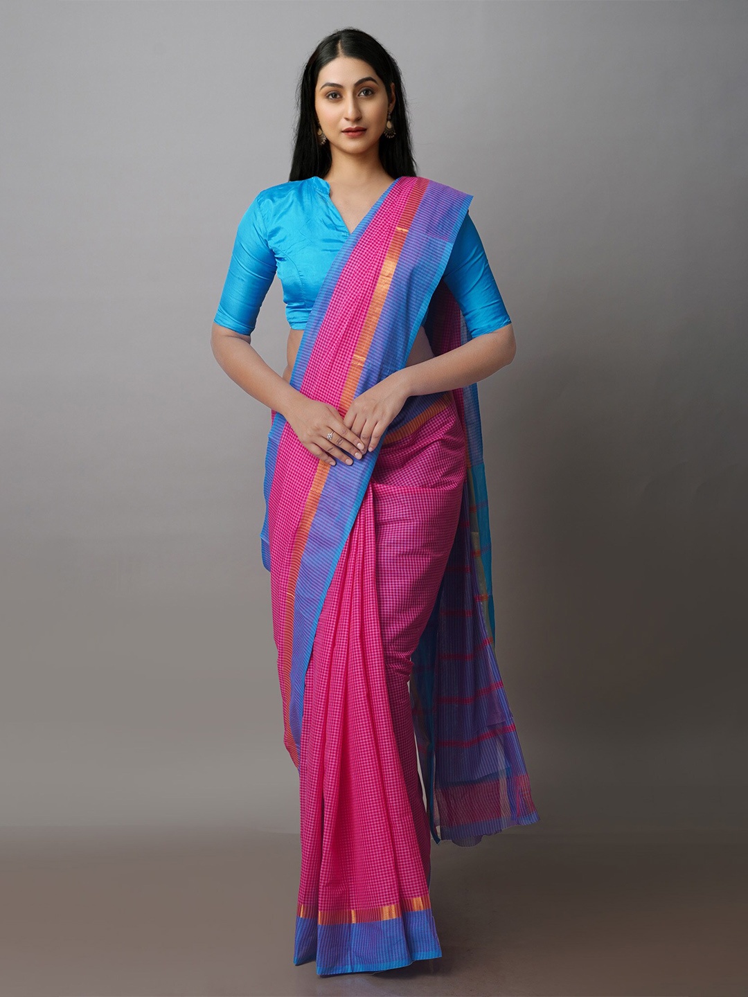 

Unnati Silks Checked Pure Cotton Handloom Mangalagiri Zari Saree, Pink